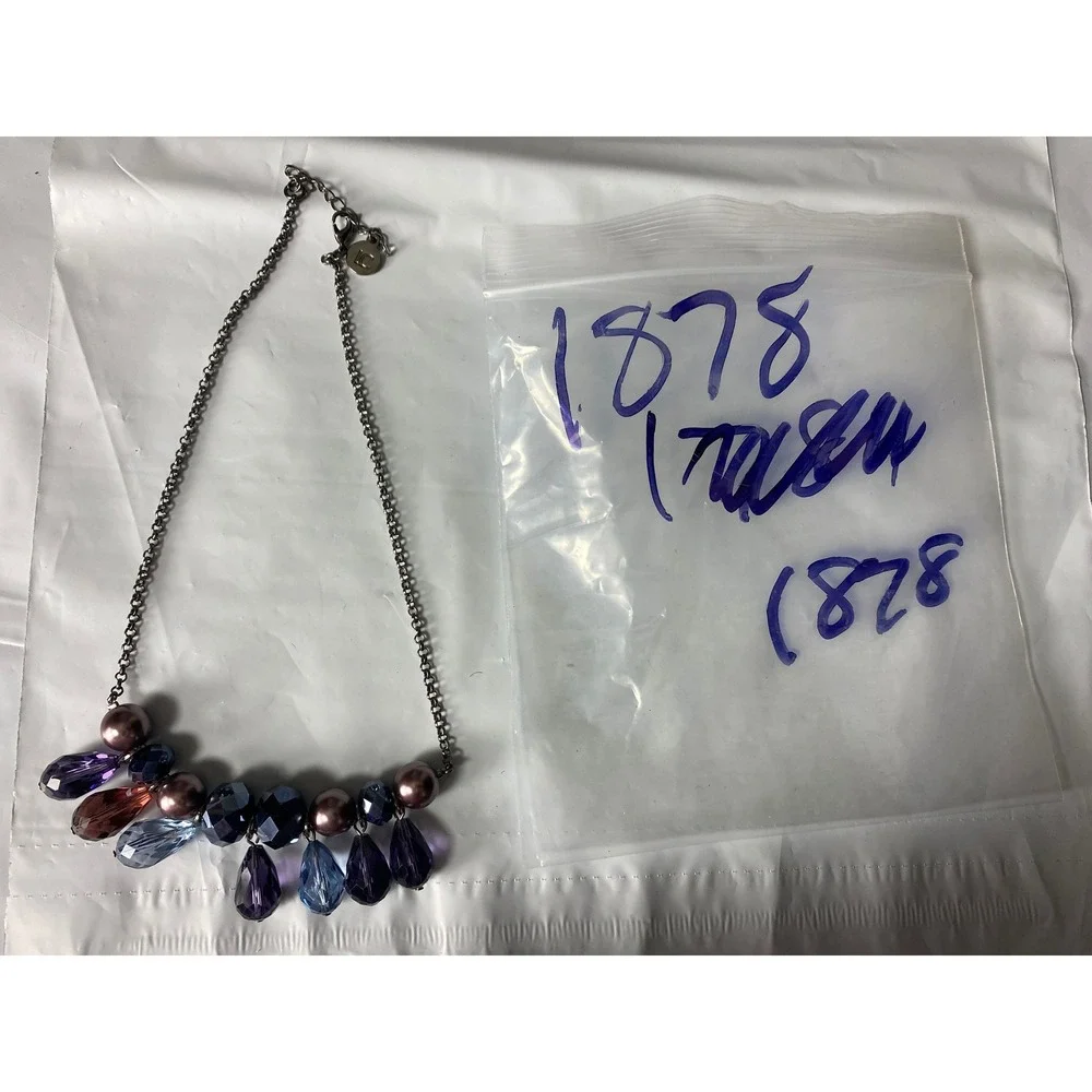 Gunmetal Chain Necklace Faceted Glass Teardrop Beads Purple Blue‎ Statement Bib